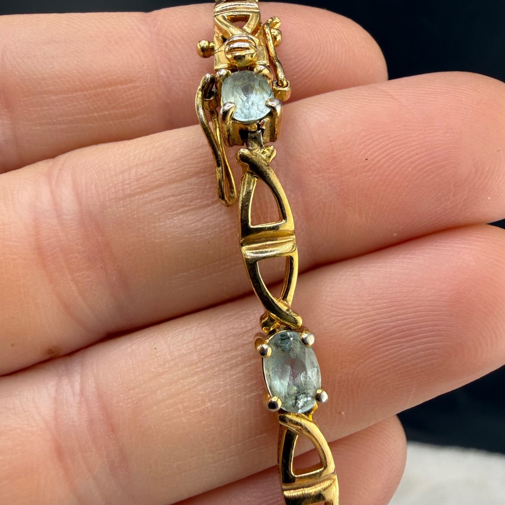 Tennis Bracelet Gold Tone Blue Stone 925 Sterling Silver JJT 7"  READ